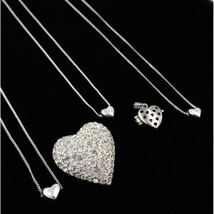 5pc Heart Jewelry Lot Silver Tone Puffy Heart Necklace Rhinestone Brooch Locket